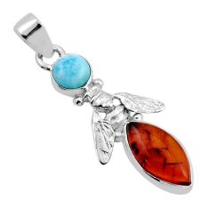 4.59cts natural orange baltic amber larimar 925 silver honey bee pendant y86433