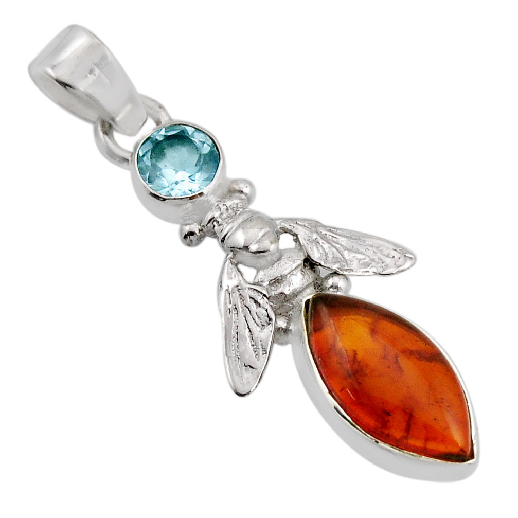 4.28cts natural orange baltic amber topaz 925 silver honey bee pendant y86428