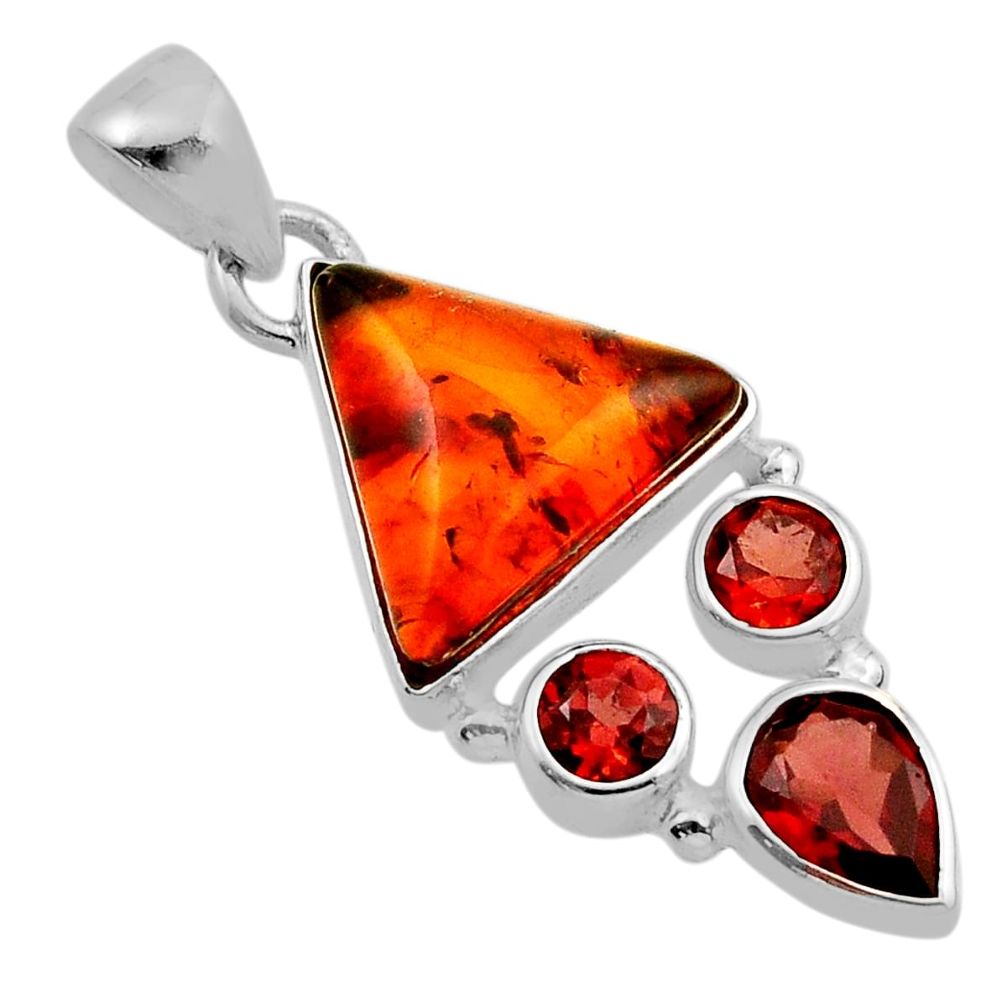 4.90cts natural orange baltic amber trillion garnet 925 silver pendant y87425