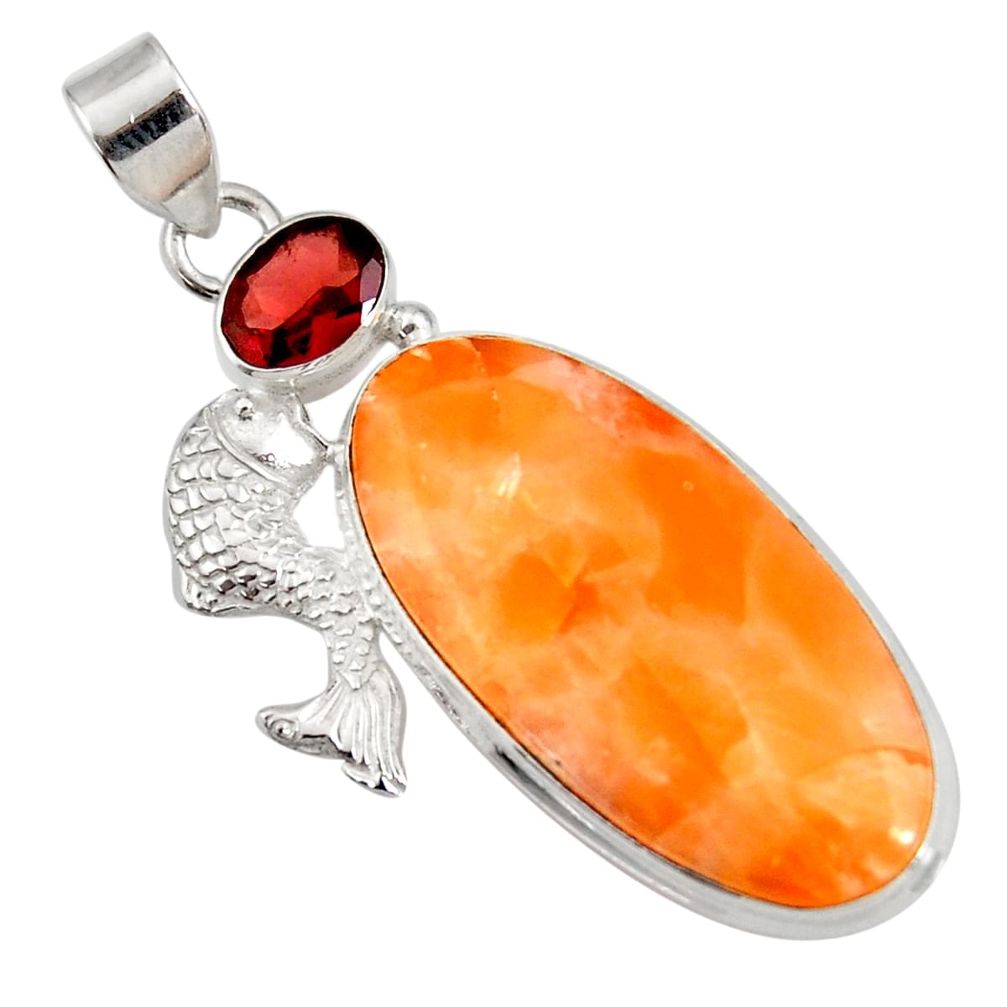  orange calcite garnet 925 sterling silver fish pendant d44167