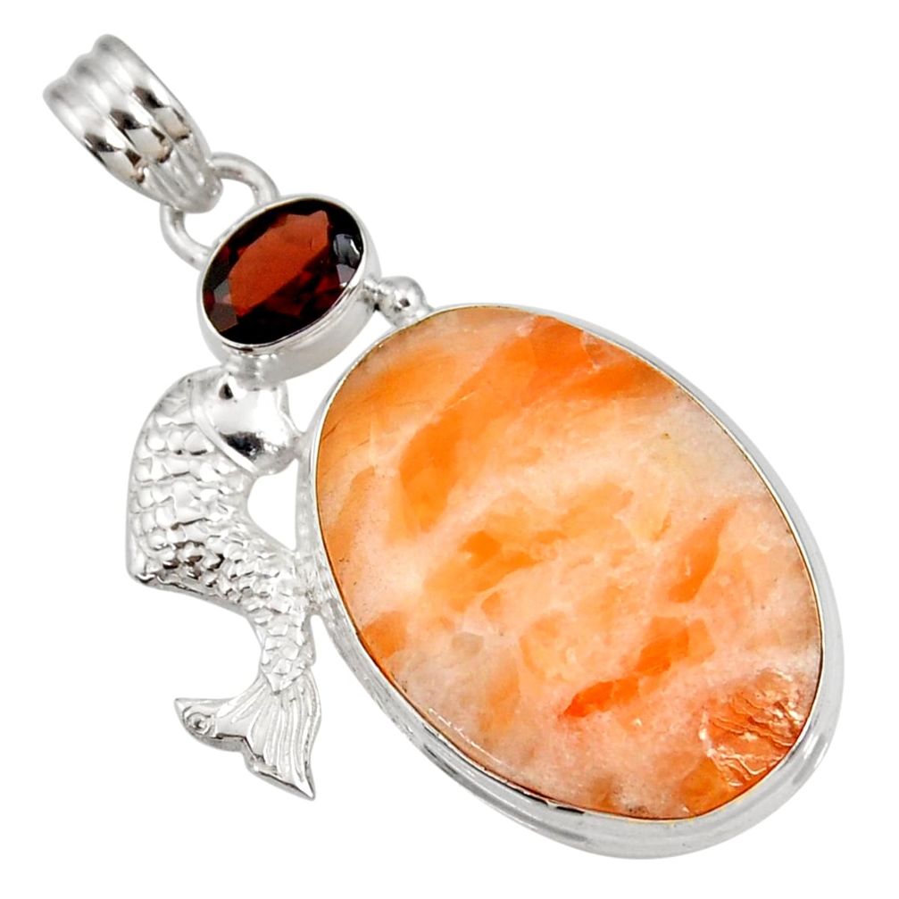  orange calcite garnet 925 sterling silver fish pendant d44168