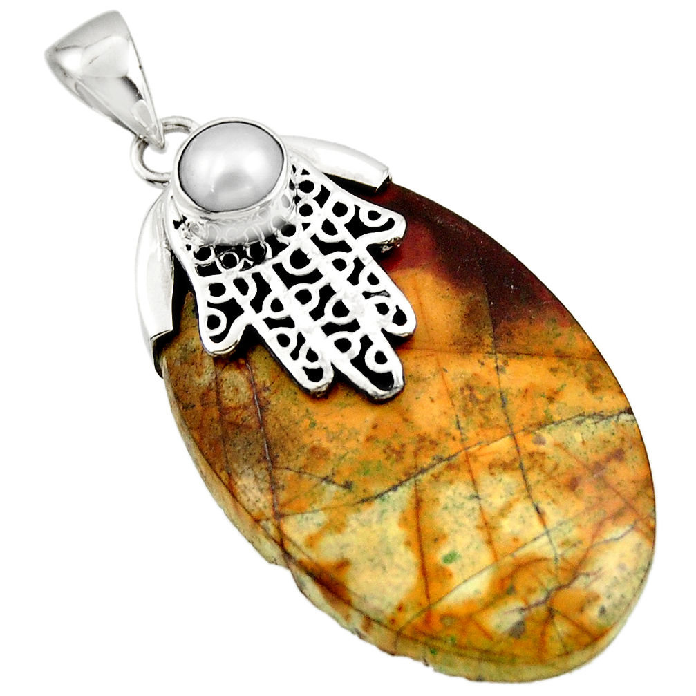 Natural orange cherry creek jasper 925 silver hand of god hamsa pendant r44343