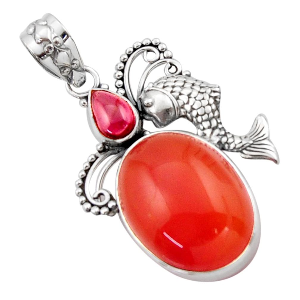 17.38cts natural orange cornelian (carnelian) 925 silver fish pendant d46668