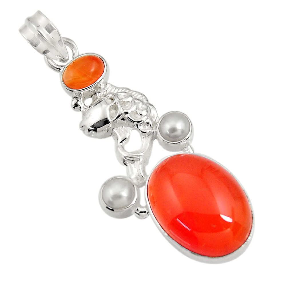 16.38cts natural orange cornelian (carnelian) pearl silver fish pendant d43659