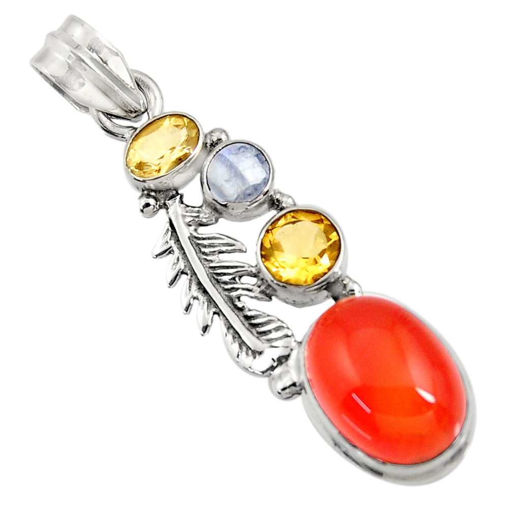 8.62cts natural orange cornelian moonstone 925 silver feather pendant d43667