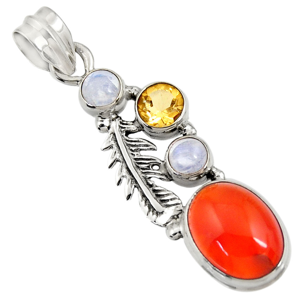 8.46cts natural orange cornelian moonstone 925 silver feather pendant d43672