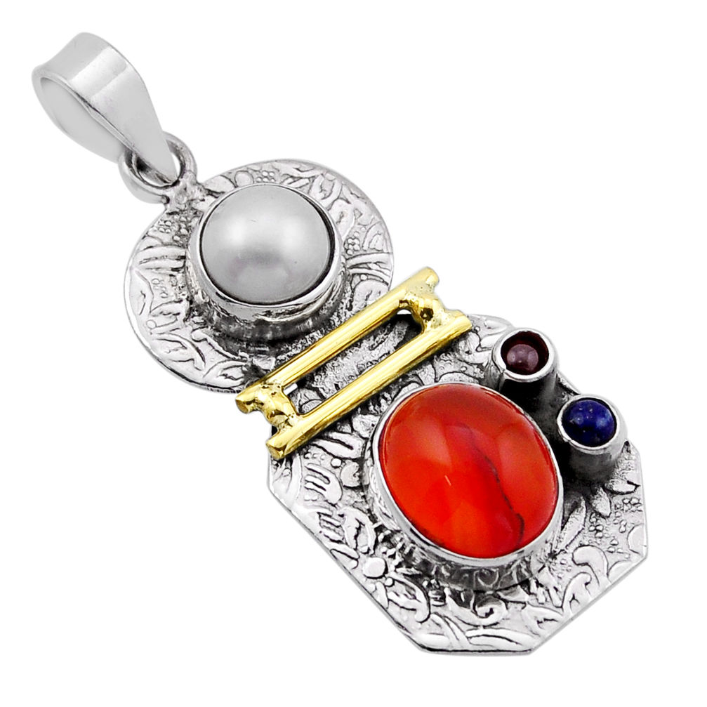 8.55cts natural orange cornelian pearl garnet lapis silver gold pendant n51709