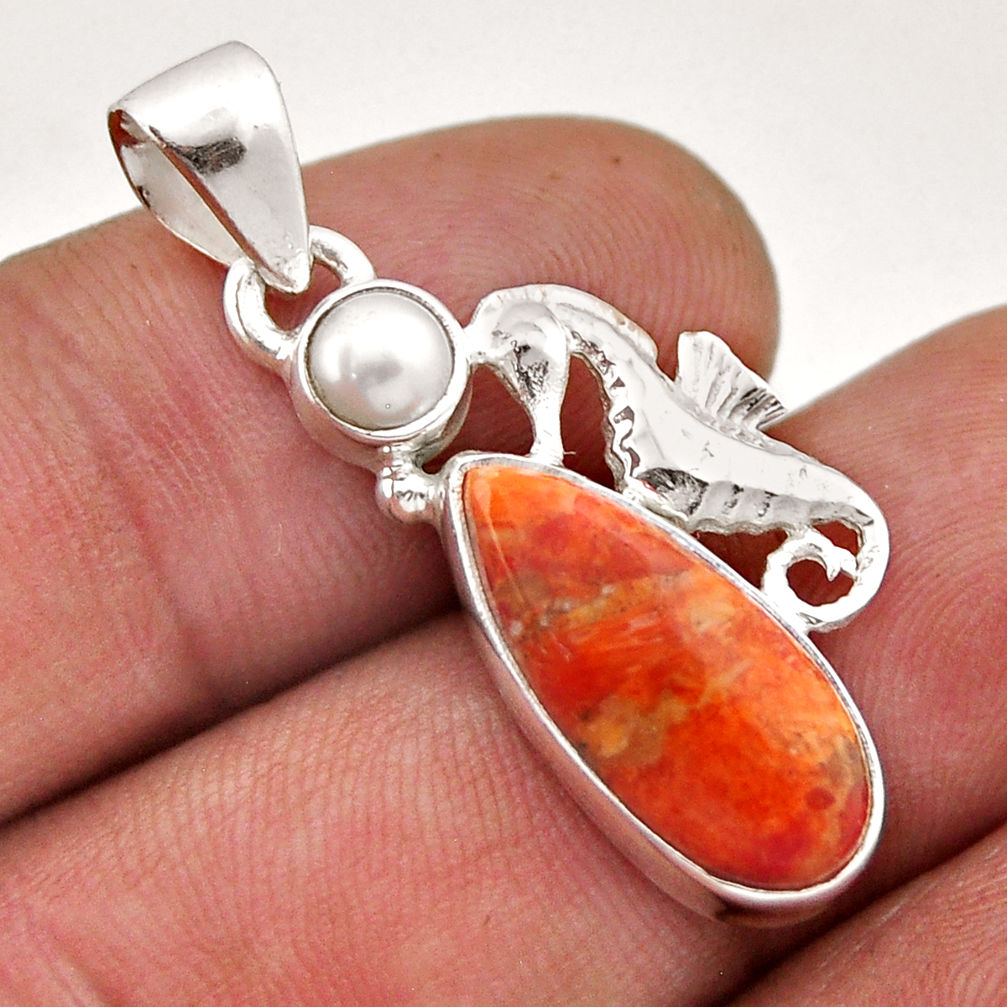 6.39cts natural orange mojave turquoise pearl 925 silver seahorse pendant n46188