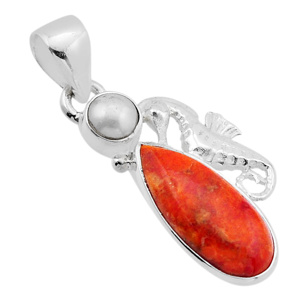 5.45cts natural orange mojave turquoise pearl 925 silver seahorse pendant n51692