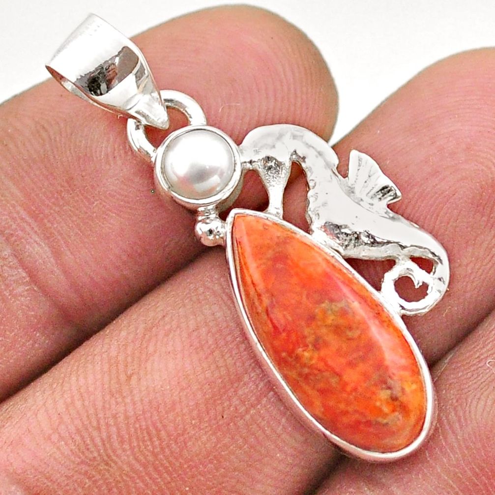 orange mojave turquoise pearl 925 silver seahorse pendant t70911