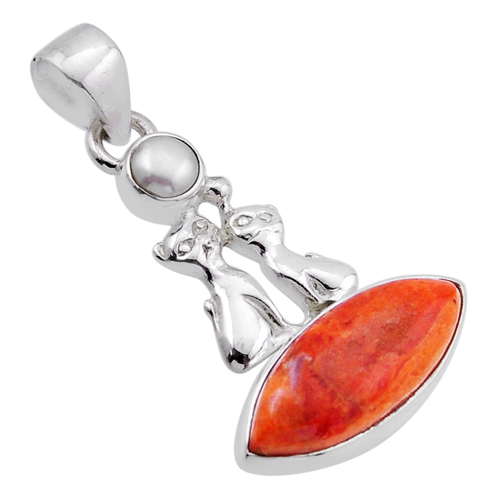 8.26cts natural orange mojave turquoise pearl 925 silver two cats pendant n51662