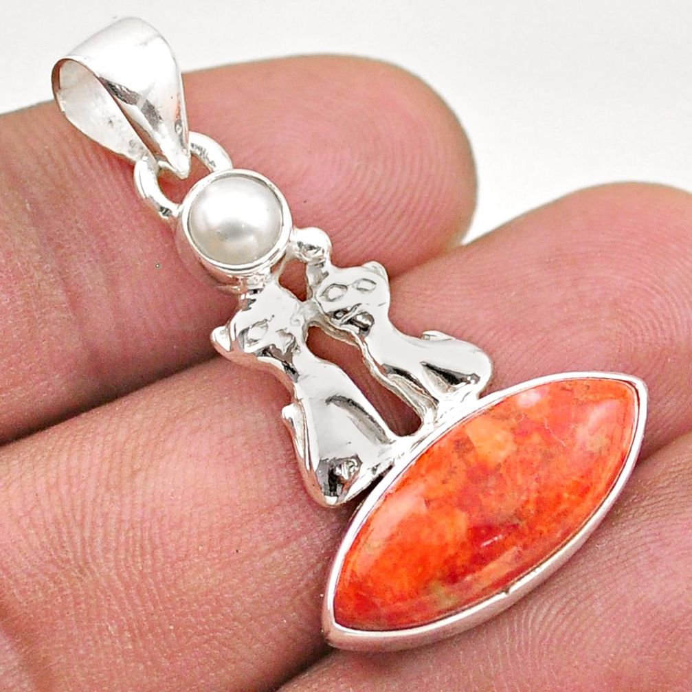 orange mojave turquoise pearl 925 silver two cats pendant t70910