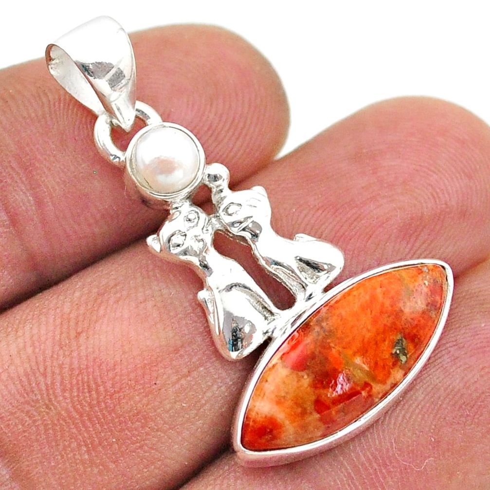 orange mojave turquoise pearl 925 silver two cats pendant t70936