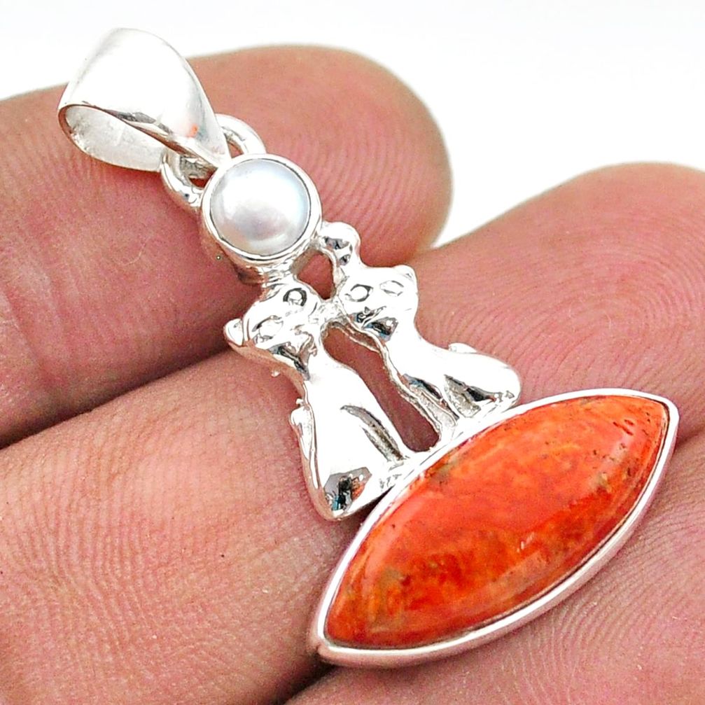 orange mojave turquoise pearl 925 silver two cats pendant t70937