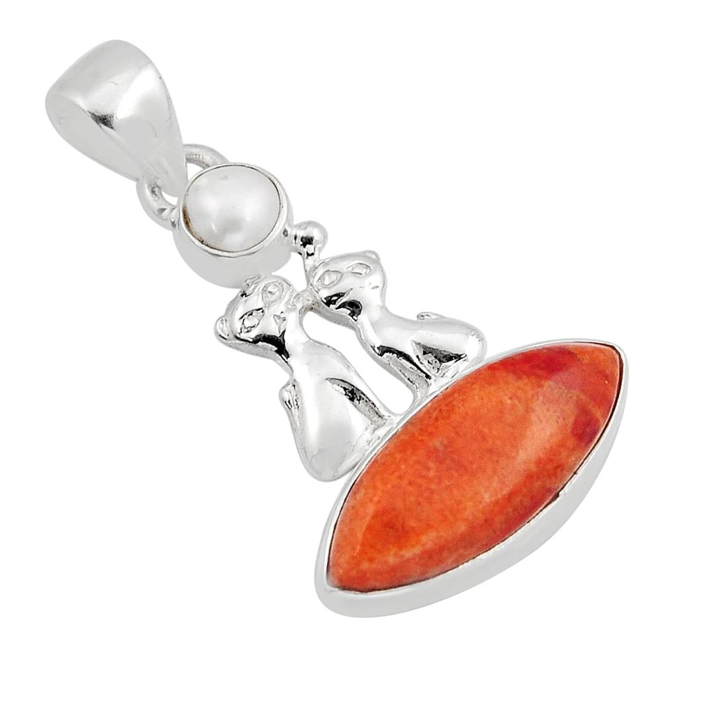 7.69cts natural orange mojave turquoise pearl 925 silver two cats pendant y49813