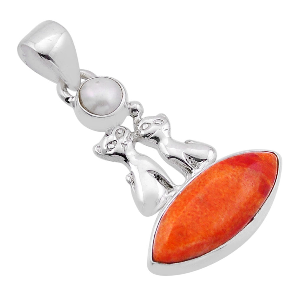 10.08cts natural orange mojave turquoise pearl silver two cats pendant n51673