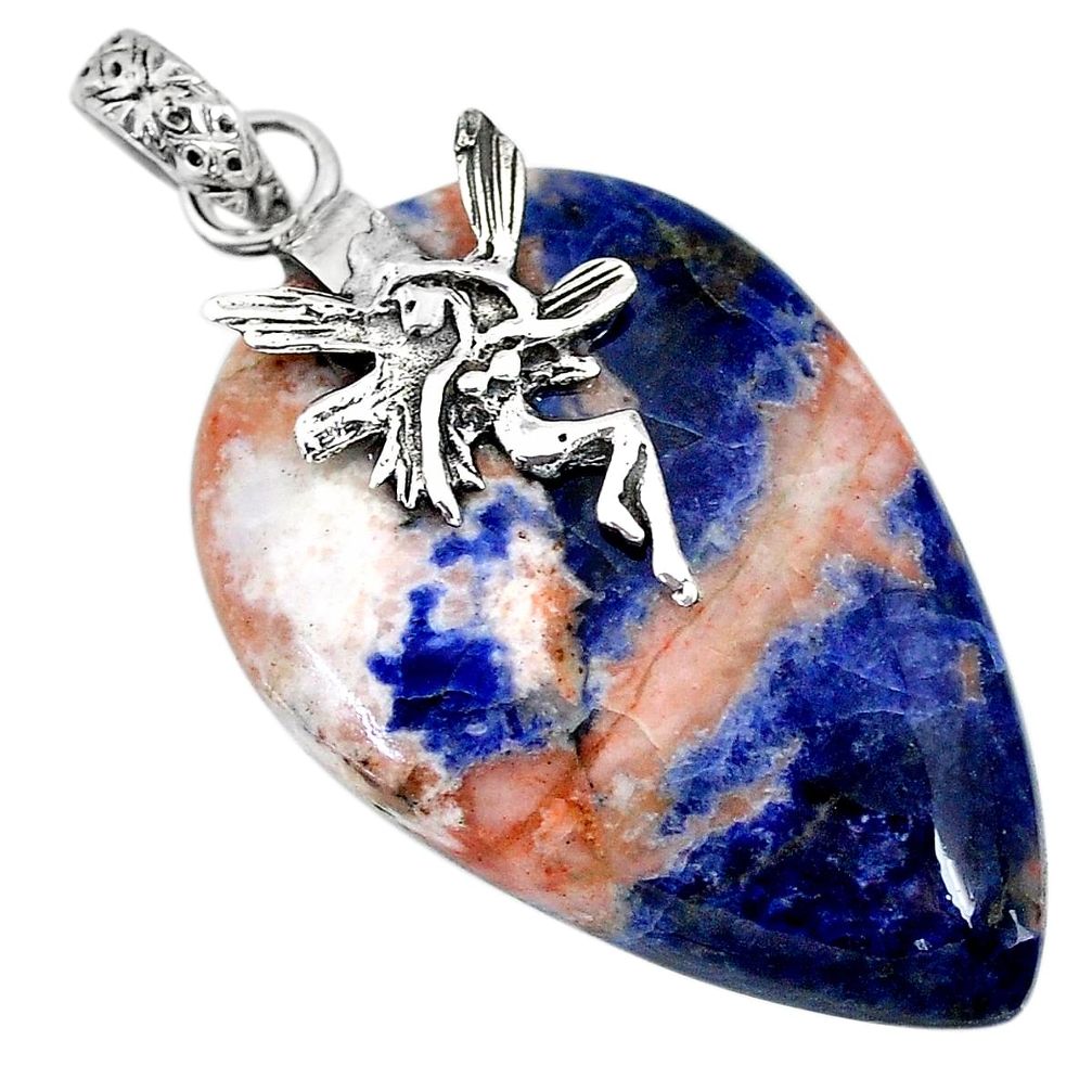 27.81cts natural orange sodalite 925 silver angel wings fairy pendant r90854