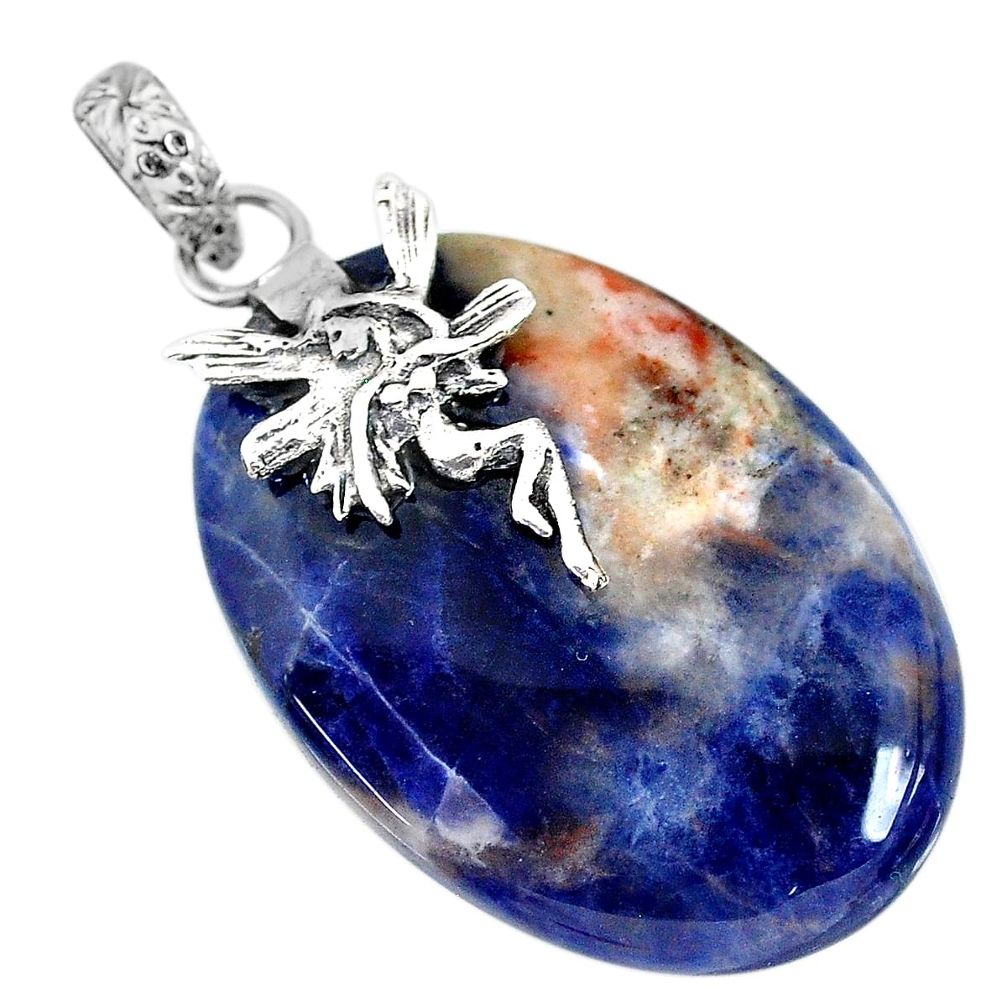 27.81cts natural orange sodalite 925 silver angel wings fairy pendant r90858