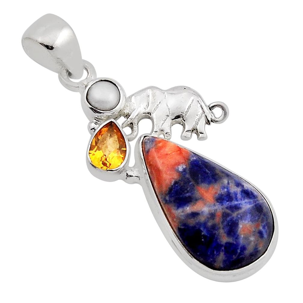 13.71cts natural orange sodalite citrine pearl silver elephant pendant n13588