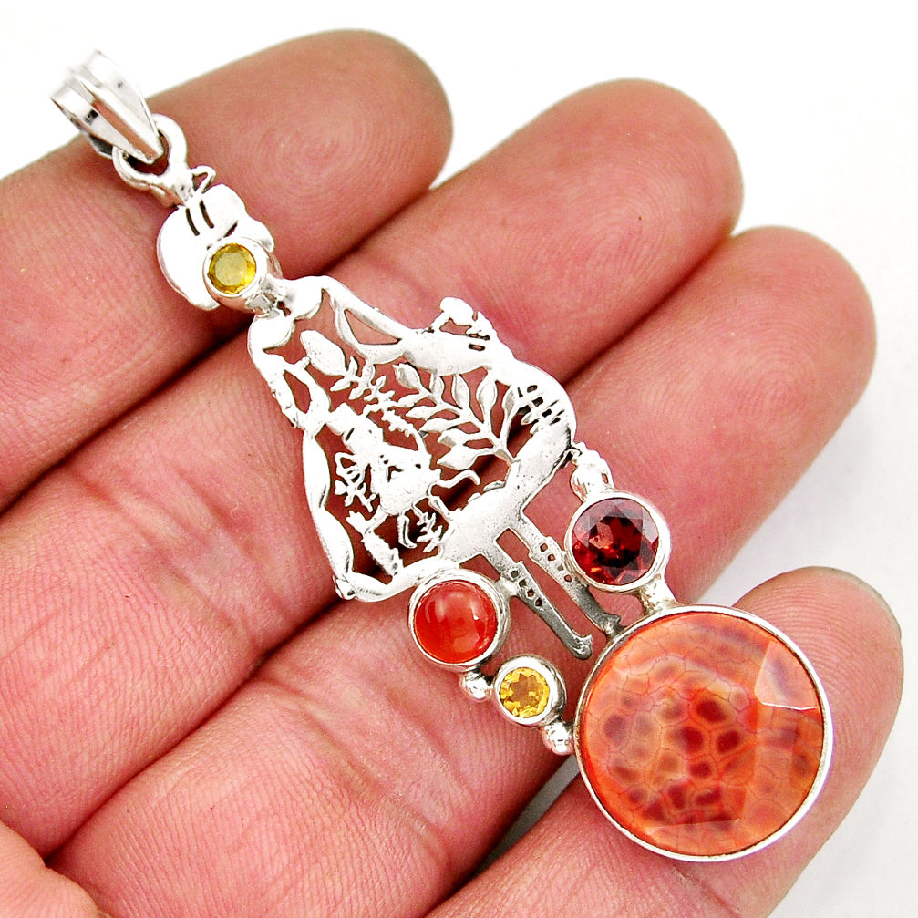 14.57cts natural orange spider web agate cornelian 925 silver pendant y21314