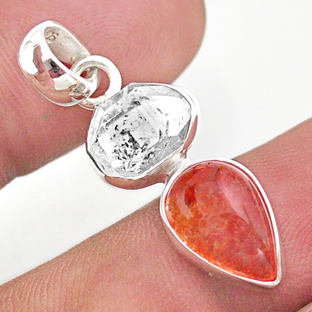 8.95cts natural orange sunstone herkimer diamond 925 silver pendant t49332