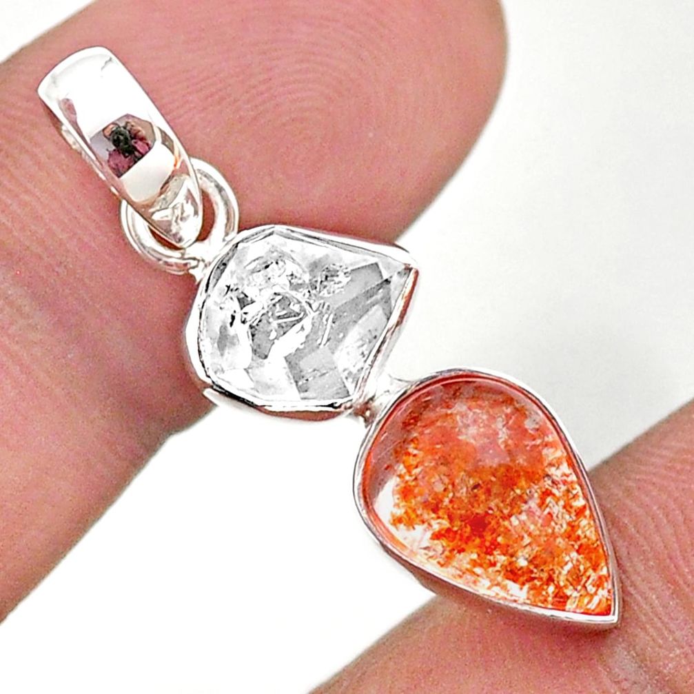 8.46cts natural orange sunstone herkimer diamond 925 silver pendant t49334