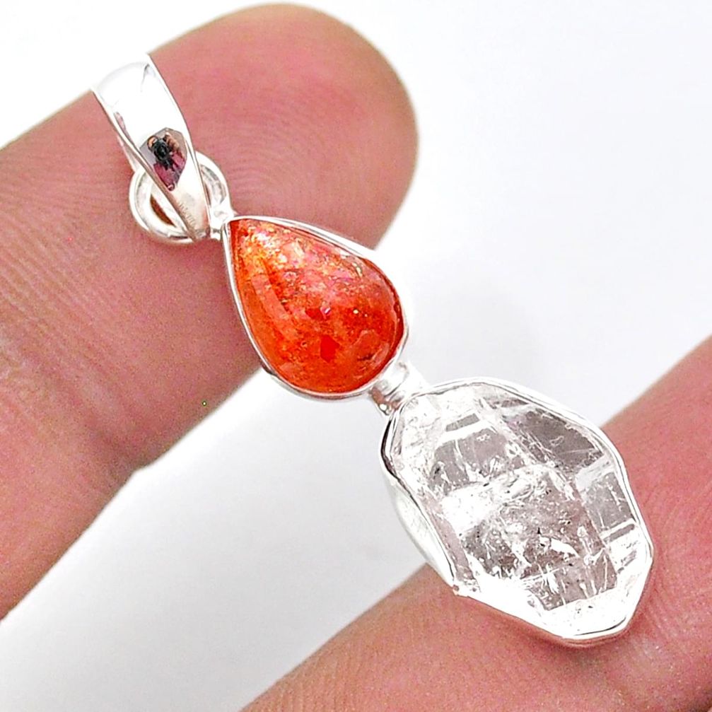 9.25cts natural orange sunstone herkimer diamond fancy 925 silver pendant t49115