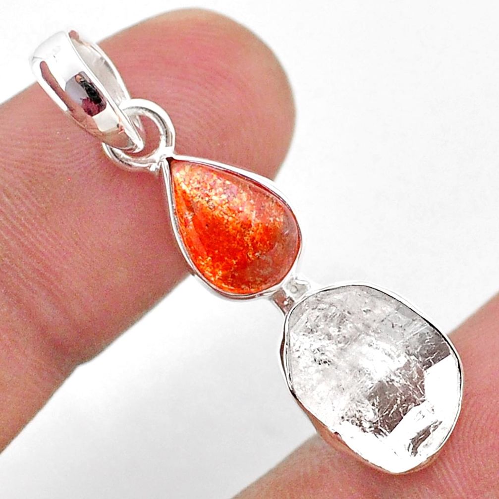 8.46cts natural orange sunstone pear herkimer diamond 925 silver pendant t49102