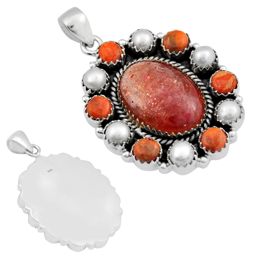 25.02cts natural orange sunstone pearl mojave turquoise silver pendant c30321