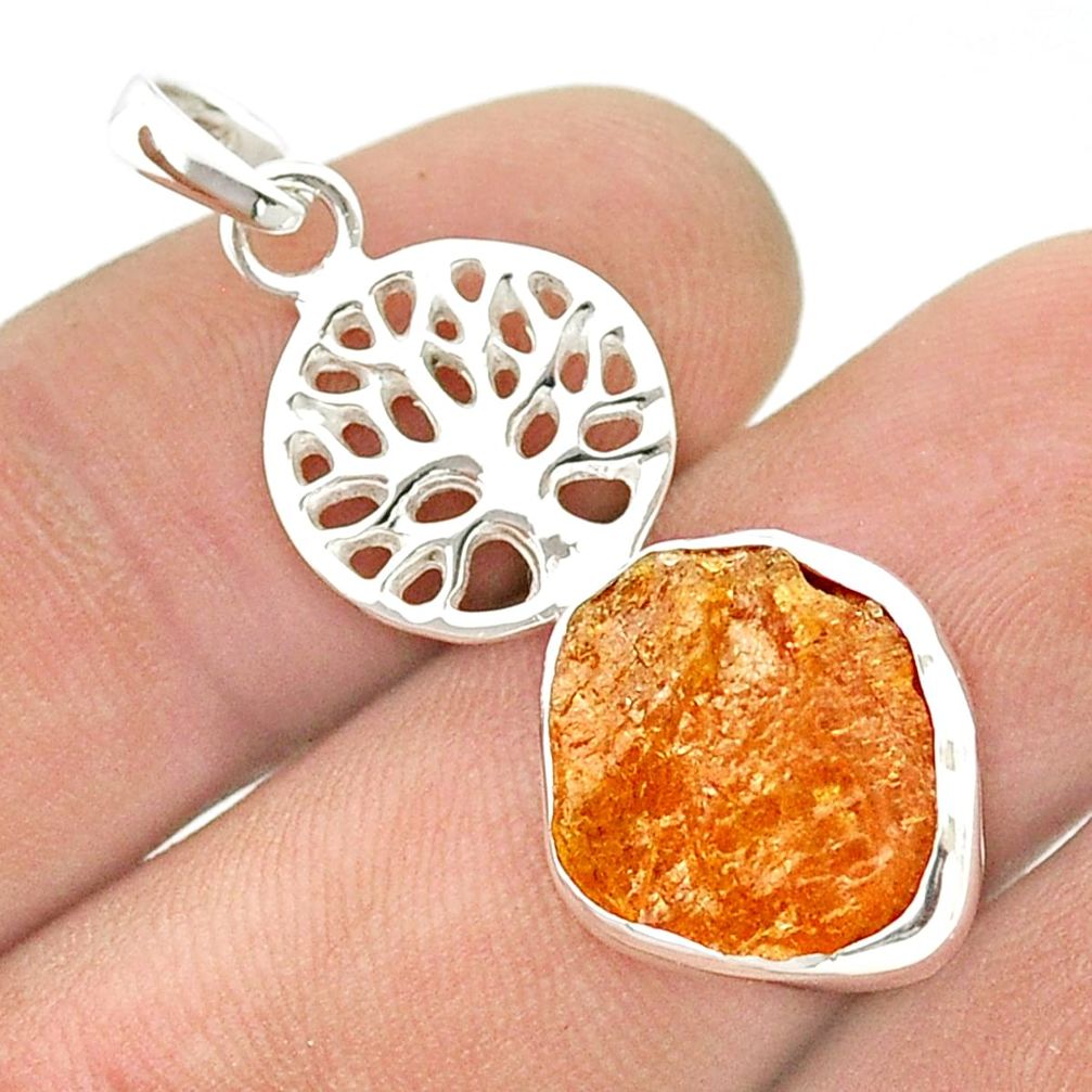 5.68cts natural orange tourmaline rough 925 silver tree of life pendant u42422