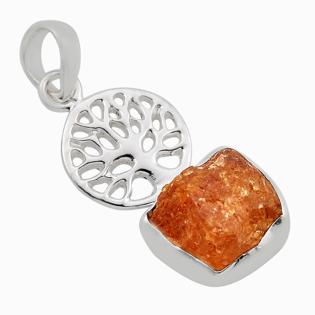 5.80cts natural orange tourmaline rough 925 silver tree of life pendant y88515