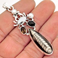 21.80cts natural orthoceras smoky topaz onyx pearl silver crab pendant y2854
