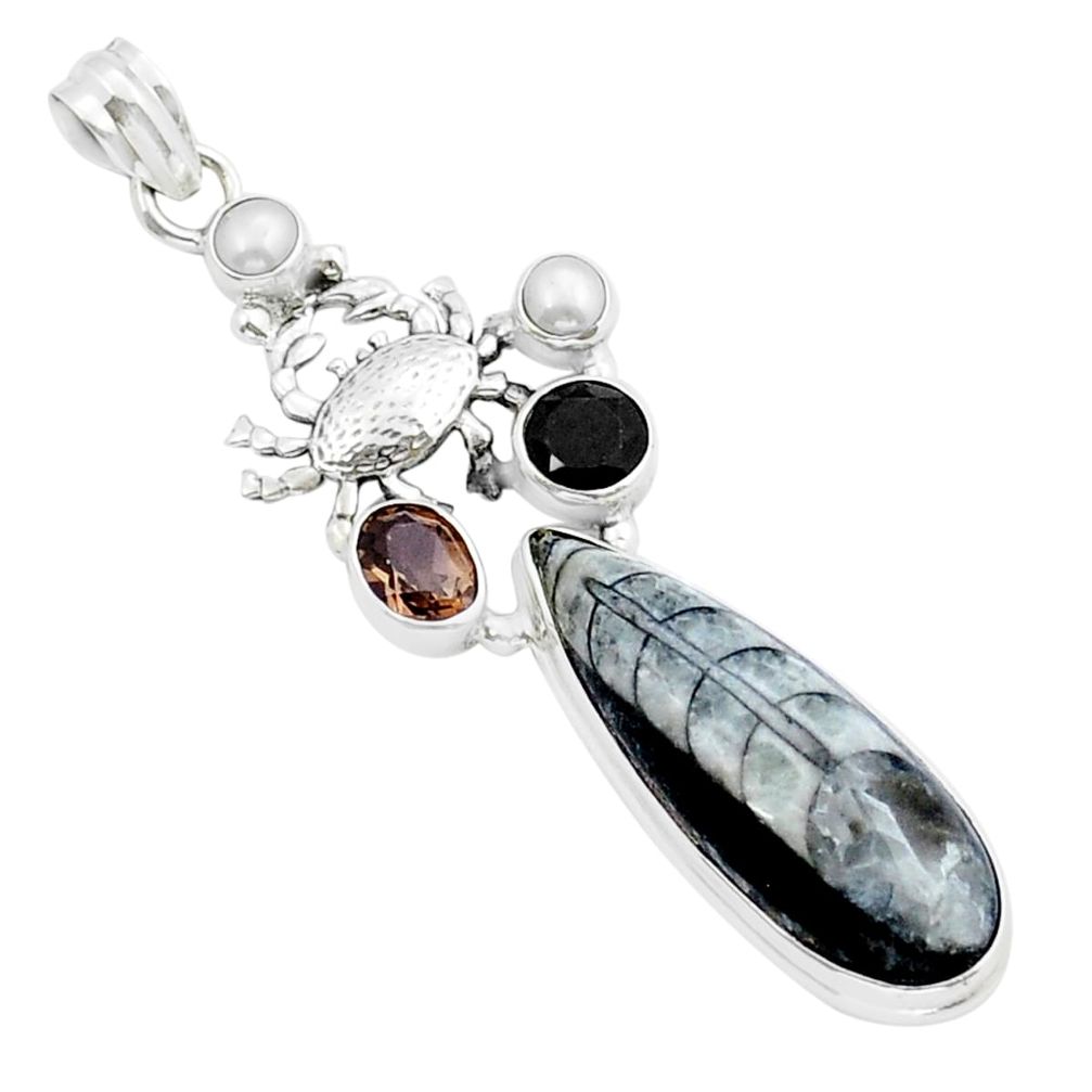 25.15cts natural orthoceras smoky topaz pearl 925 silver crab pendant y15157