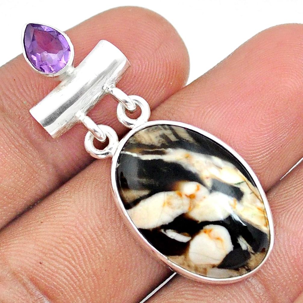 14.68cts natural peanut petrified wood fossil amethyst 925 silver pendant u22168