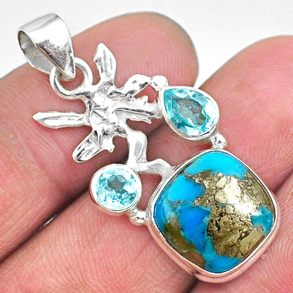 7.97cts natural persian turquoise pyrite silver angel wings fairy pendant t11166