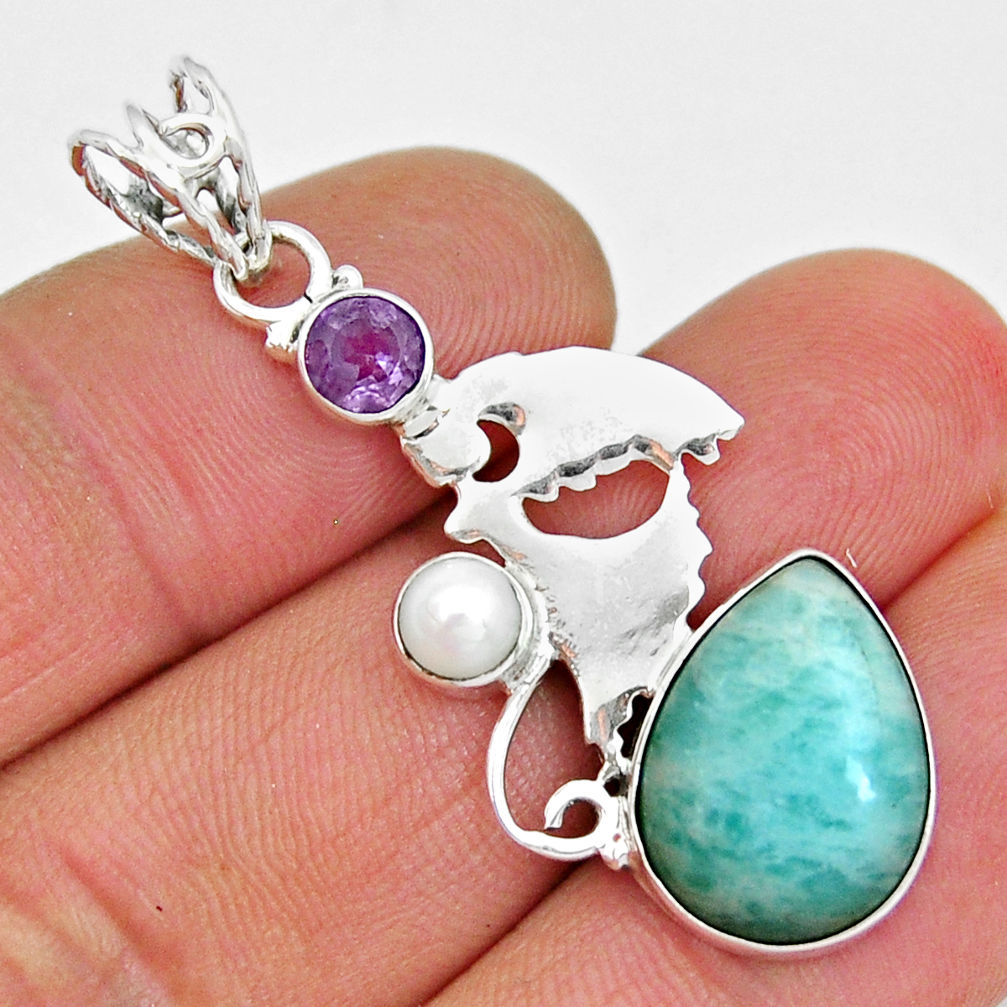 7.96cts natural peruvian amazonite amethyst pearl 925 silver angel pendant y6420
