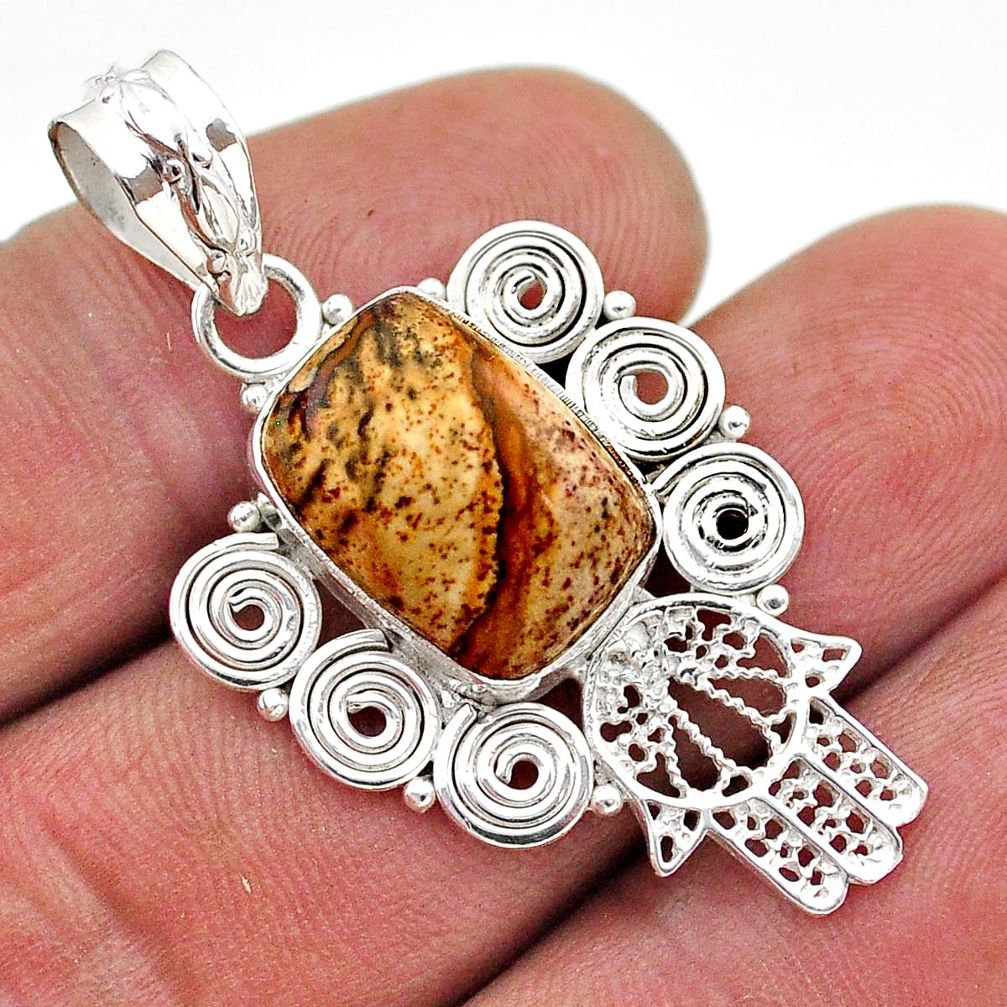 5.98cts natural picture jasper 925 silver hand of god hamsa pendant t68491