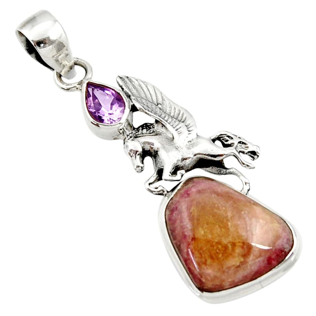 14.41cts natural pink bio tourmaline amethyst 925 silver unicorn pendant d43085