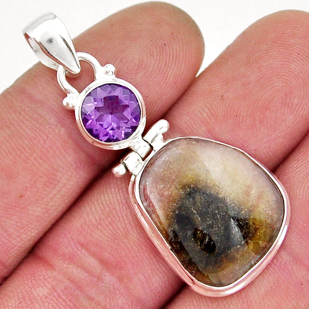 18.31cts natural pink bio tourmaline amethyst 925 sterling silver pendant y20977