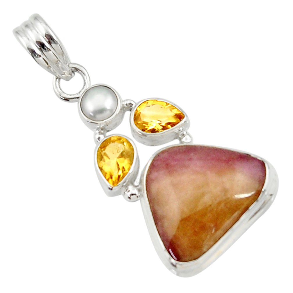 14.12cts natural pink bio tourmaline citrine pearl 925 silver pendant d43094