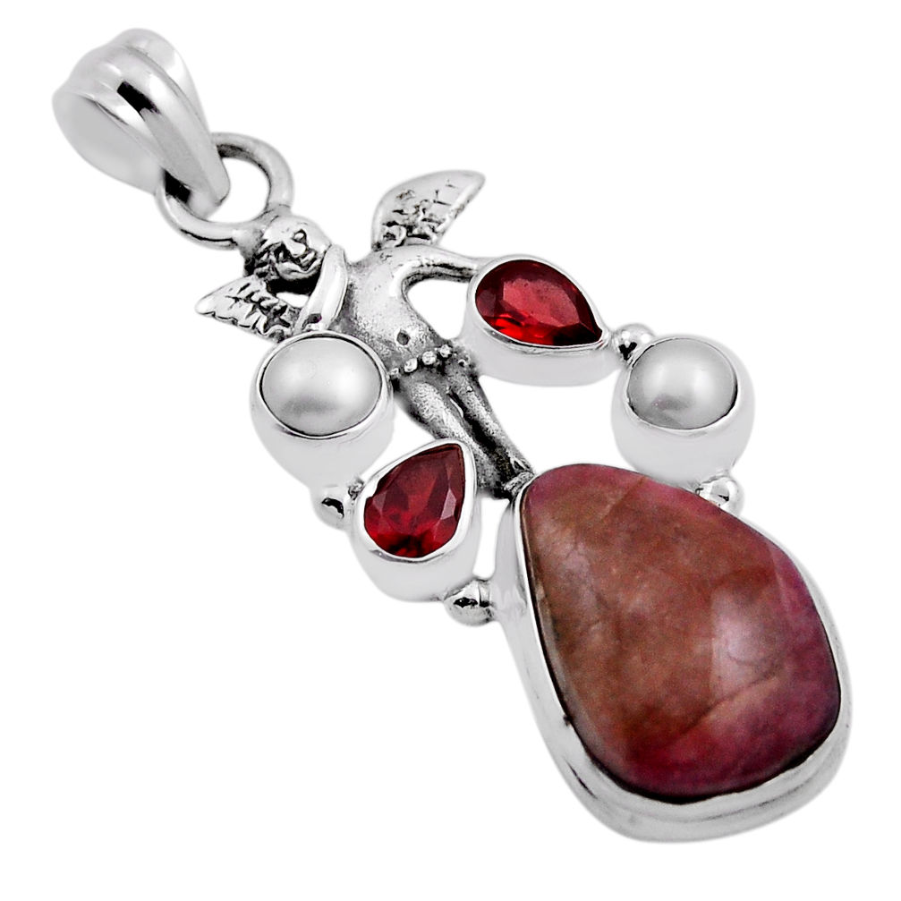 14.99cts natural pink bio tourmaline garnet pearl silver angel pendant n24965