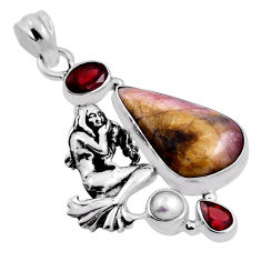 15.72cts natural pink bio tourmaline garnet pearl silver angel pendant n24976