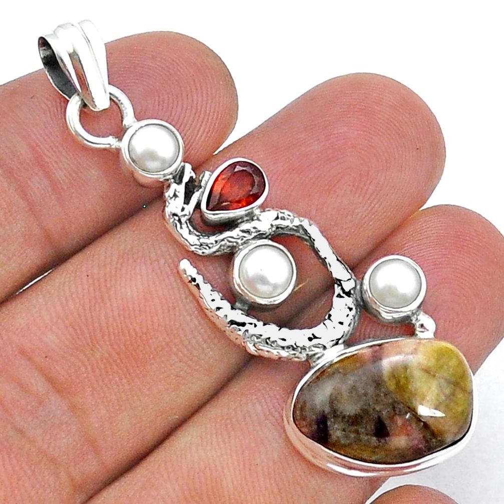 12.14cts natural pink bio tourmaline garnet pearl silver snake pendant u78912