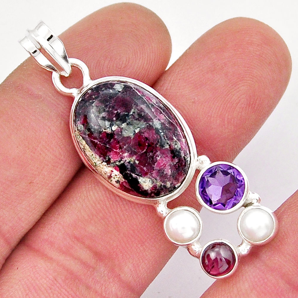 17.67cts natural pink eudialyte amethyst pearl sterling silver pendant y21451
