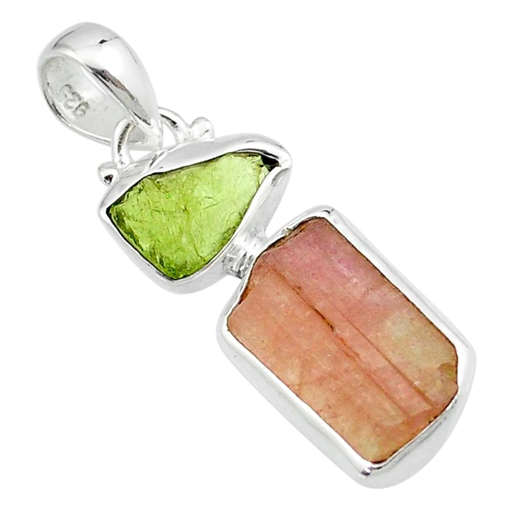 8.21cts natural pink green tourmaline rough fancy 925 silver pendant u26754