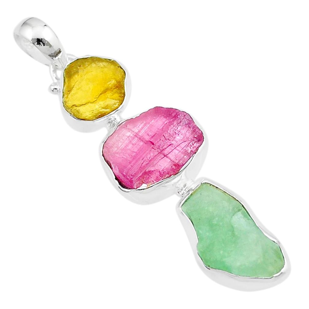 13.37cts natural pink green yellow tourmaline rough 925 silver pendant u26721