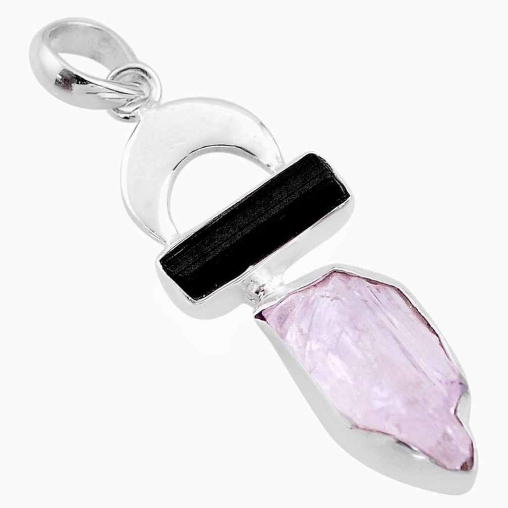 14.23cts natural pink kunzite black tourmaline raw 925 silver pendant t48082