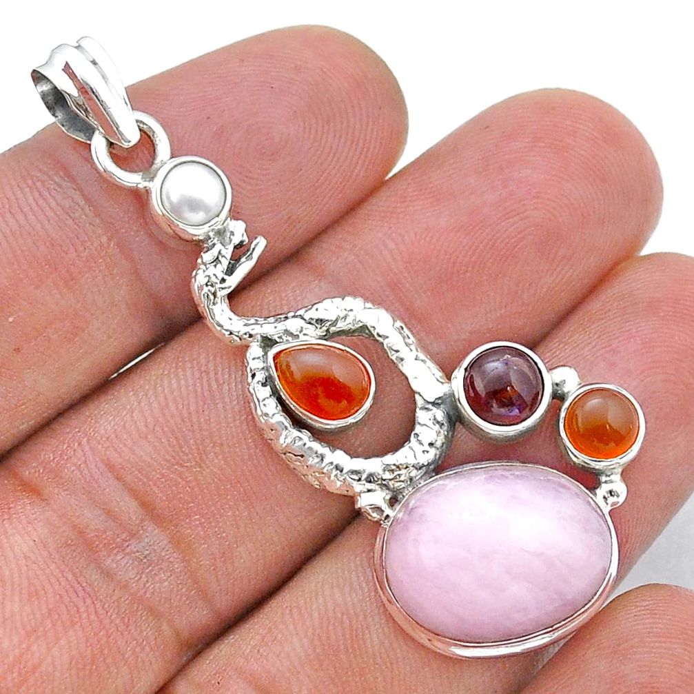 14.45cts natural pink kunzite cornelian pearl garnet silver snake pendant u78879