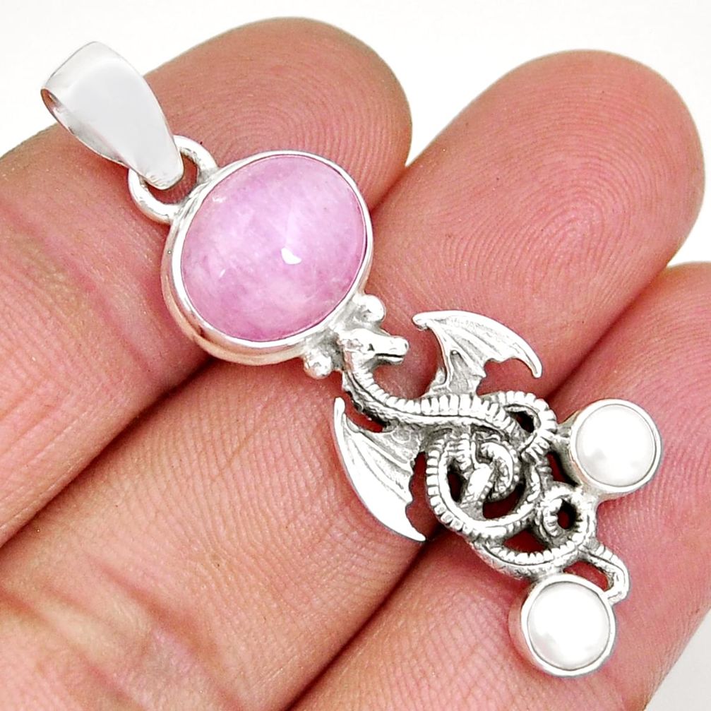 6.62cts natural pink kunzite pearl 925 sterling silver dragon pendant y7022
