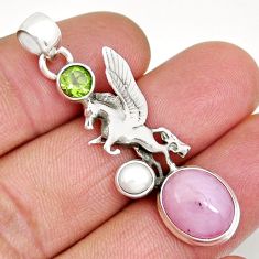 6.78cts natural pink kunzite peridot pearl 925 silver unicorn pendant y7024